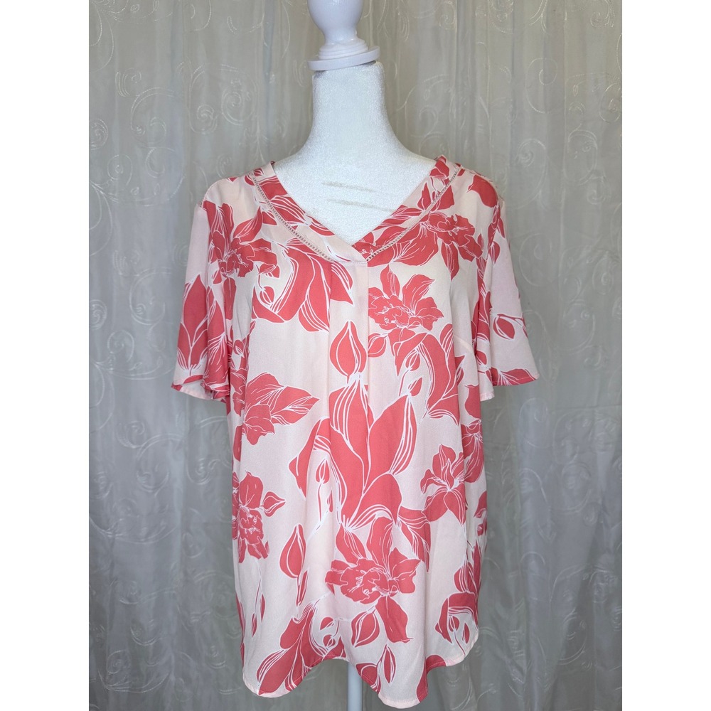 Liz Claiborne Pink Coral Floral V-Neck Blouse Short Sleeve Top Medium